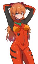 Rule 34 | 1girl, armpits, arms behind head, blue eyes, bodysuit, breasts, breasts apart, commentary, cowboy shot, erenav, hair between eyes, hair ornament, highres, legs apart, long hair, looking at viewer, neon genesis evangelion, open mouth, orange hair, plugsuit, red bodysuit, shiny clothes, shirt, simple background, skin tight, solo, souryuu asuka langley, symbol-only commentary, white shirt, wide hips