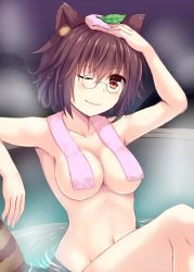 Rule 34 | 1girl, ;), animal ears, armpits, bathing, blush, breasts, brown hair, cleavage, convenient leg, futatsuiwa mamizou, glasses, groin, knee up, large breasts, leaf, leaf on head, looking at viewer, navel, no bra, noe noel, nude, one-hour drawing challenge, one eye closed, onsen, partially submerged, pince-nez, raccoon ears, raccoon tail, red eyes, short hair, smile, solo, steam, tail, tanuki, touhou, towel, towel around neck, towel on head, underboob, upper body