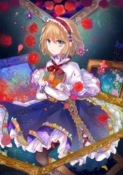 Rule 34 | 1girl, alice margatroid, blonde hair, blue dress, blue eyes, bow, capelet, dress, flower, frills, grimoire of alice, hairband, highres, kazu (muchuukai), painting (object), petals, rose, short hair, solo, touhou, white capelet