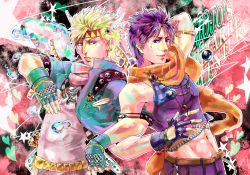 Rule 34 | 2boys, armband, back-to-back, bad id, bad pixiv id, ball, bare shoulders, battle tendency, belt, blonde hair, bola (weapon), bubble, caesar anthonio zeppeli, copyright name, crop top, cropped jacket, facial mark, feathers, fingerless gloves, gloves, green eyes, green jacket, heart, jacket, jewelry, jojo no kimyou na bouken, joseph joestar, joseph joestar (young), locked arms, male focus, midriff, momosuke0757, multiple boys, necklace, painting (medium), pants, purple eyes, purple hair, red stone of aja, ribbon, scarf, shirt, star (symbol), striped clothes, striped scarf, traditional media, watercolor (medium), white pants, white shirt