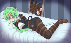 Rule 34 | 1girl, ahoge, arms behind back, assault lily, bdsm, bed, black ribbon, black skirt, blindfold, blush, bondage, bound, bound ankles, bound legs, bound torso, bound wrists, bow hairband, breasts, brown footwear, brown pantyhose, cloth gag, clothes lift, commission, covered eyes, covered mouth, cropped jacket, crotch rope, duct tape, full-length mirror, full body, gag, gagged, green hair, hair between eyes, hair ribbon, hair spread out, hairband, heavy breathing, high-waist skirt, highres, improvised gag, indoors, juliet sleeves, large breasts, legs together, loafers, long hair, long sleeves, lying, miniskirt, mirror, neck ribbon, nose blush, on bed, on side, panties, panties under pantyhose, pantyhose, pixiv commission, puffy sleeves, reflection, restrained, ribbon, saliva, school uniform, shibari, shibari over clothes, shiromaki, shirt, shoes, skindentation, skirt, skirt lift, solo, sweat, tanaka ichi, trembling, underwear, white hairband, white panties, white ribbon, white shirt, yurigaoka girls academy school uniform
