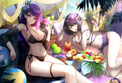 Rule 34 | 2girls, ball, bare shoulders, beachball, bikini, black bikini, blue hair, breasts, cleavage, closed mouth, coconut cup, commentary request, cross-laced clothes, cup, dark blue hair, day, elbow rest, eyewear on head, food, fruit, genshin impact, halterneck, hilichurl (genshin impact), holding, holding cup, jewelry, kujou sara, large breasts, leaning back, lemon, lemon slice, long hair, looking at viewer, lying, medium breasts, mole, mole under eye, multiple girls, nail polish, navel, necklace, on side, outdoors, pistachiocream, purple eyes, purple hair, raiden shogun, short hair, side-tie bikini bottom, sitting, slime (genshin impact), smile, stomach, swimsuit, thigh strap, thighs, tropical drink, yellow eyes