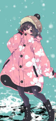Rule 34 | 1girl, aqua background, beanie, black footwear, black hair, black pantyhose, boots, brown hat, coat, commentary request, covering own mouth, cross-laced footwear, enpera, floral print, full body, hair ornament, hairclip, hamayumiba sou, hanayamata, hand up, hat, lace-up boots, long sleeves, looking at viewer, oversized clothes, pantyhose, pink coat, pink eyes, pom pom (clothes), pom pom beanie, scarf, sekiya naru, sleeves past wrists, snowing, solo, swept bangs, unmoving pattern, winter clothes, winter coat