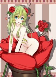Rule 34 | 1girl, alraune, aqua eyes, blush, breasts, flora beast (disgaea), flower, green hair, heart, highres, kiyomin, long hair, monster girl, nipples, nude, open mouth, original, plant girl, pussy, rose, shadow, small breasts, solo, uncensored