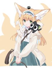 Rule 34 | 1girl, akagashi hagane, animal ears, arknights, bag, basket, black cat, black ribbon, blonde hair, blue hairband, blue skirt, brown bag, cardigan, cat, closed mouth, commentary, fox ears, fox girl, fox tail, frilled hairband, frills, green eyes, hair ornament, hair scrunchie, hairband, handbag, heixiu, highres, holding, holding basket, kitsune, kyuubi, long hair, long sleeves, looking at viewer, luo xiaohei, multicolored hair, multiple tails, neck ribbon, official alternate costume, on head, on shoulder, open cardigan, open clothes, puffy long sleeves, puffy sleeves, ribbon, scrunchie, shirt, shoulder bag, skirt, sleeve cuffs, solo, standing, stitches, suzuran (arknights), suzuran (spring praise) (arknights), tail, luo xiaohei zhanji, two-tone hair, white hair, white shirt, yellow cardigan