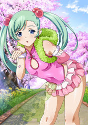Rule 34 | 00s, 1girl, blowing kiss, blue eyes, breasts, cherry blossoms, cleavage cutout, clothing cutout, day, earrings, female focus, green hair, hair bobbles, hair ornament, ikkitousen, jewelry, kiss, leotard, long hair, looking at viewer, magatama, magatama earrings, outdoors, see-through, shokatsuryou koumei, small breasts, solo, tree, twintails