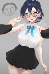 Rule 34 | 1girl, absurdres, bare arms, bare shoulders, black skirt, blue archive, blue hair, blue ribbon, chihiro (blue archive), doodle sensei (blue archive), futsukayoi, glasses, green eyes, hair ornament, hairpin, highres, looking at viewer, ribbon, sensei (blue archive), shirt, skirt, thighs, white shirt