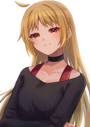 Rule 34 | 1girl, absurdres, ahoge, black choker, black shirt, blonde hair, blush, bocchi the rock!, breasts, choker, closed mouth, collarbone, commentary, crossed arms, highres, ijichi seika, light smile, long hair, long sleeves, medium breasts, red eyes, shirt, simple background, solo, upper body, white background, yozakurayuyu