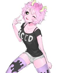 Rule 34 | 10s, 1girl, ;d, absurdres, alternate costume, ashido mina, black bra, black sclera, blush, boku no hero academia, bra, breasts, casual, cleavage, colored sclera, colored skin, highres, horns, large breasts, looking at viewer, one eye closed, open mouth, pink hair, pink skin, shirt, short hair, short sleeves, shorts, smile, solo, t-shirt, thighhighs, underwear, v, yellow eyes