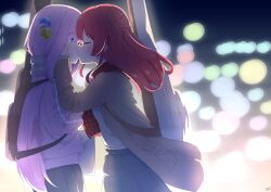 Rule 34 | 2girls, absurdres, blue eyes, blurry, blurry background, blush, bocchi the rock!, brown coat, city lights, closed eyes, coat, commentary request, cube hair ornament, enpera, flashlight, gotoh hitori, hair ornament, hand on another&#039;s face, highres, instrument case, jacket, kiss, kita ikuyo, lights, long hair, long sleeves, looking at another, medium hair, multiple girls, night, open clothes, open coat, pink hair, pink jacket, pleated skirt, ponytail, red hair, scarf, side ponytail, sidelocks, skirt, standing, strap, strings-lover, surprise kiss, surprised, track jacket, very long hair, yuri