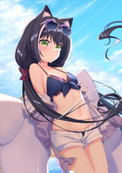 Rule 34 | 1girl, absurdres, animal ear fluff, bare shoulders, bikini, bikini under clothes, black hair, blue-tinted eyewear, blue bikini, blue sky, bow, breasts, closed mouth, cloud, cloudy sky, collarbone, day, eyewear on head, green eyes, hair bow, highres, jacket, karyl (princess connect!), karyl (summer) (princess connect!), long hair, looking at viewer, low twintails, multicolored hair, navel, off shoulder, open clothes, open shorts, outdoors, poppy (poppykakaka), princess connect!, purple jacket, red bow, short shorts, shorts, sky, small breasts, smile, solo, streaked hair, sunglasses, swimsuit, tinted eyewear, twintails, very long hair, white hair, white shorts