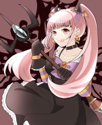 Rule 34 | 1girl, :q, black gloves, collar, demon horns, dress, earrings, fire emblem, fire emblem: three houses, gau fe, gloves, halloween costume, hilda valentine goneril, holding, holding weapon, horns, jewelry, long hair, nintendo, pink eyes, pink hair, solo, tongue, tongue out, twintails, upper body, weapon