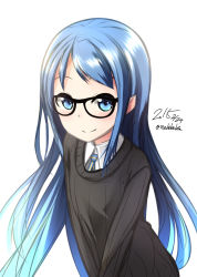 Rule 34 | 10s, 1girl, 2015, alternate costume, bad id, bad pixiv id, black-framed eyewear, blue eyes, blue hair, dated, glasses, gradient hair, kantai collection, long hair, long sleeves, looking at viewer, matching hair/eyes, multicolored hair, nekobaka, ribbed sweater, samidare (kancolle), simple background, solo, sweater, twitter username, very long hair, white background
