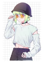 Rule 34 | 1boy, alternate costume, alternate hairstyle, black choker, black hat, black nails, black pants, bucket hat, choker, commentary, cropped sweater, green hair, grid background, hand on own hip, hat, highres, jewelry, kome 1022, lio fotia, low ponytail, male focus, multiple rings, orange-tinted eyewear, pants, promare, purple eyes, ring, short hair, sidelocks, solo, sweater, symbol-only commentary, tinted eyewear, trap, white background, white sweater