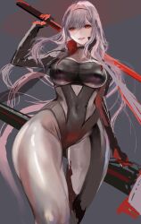 Rule 34 | 1girl, black bodysuit, bodysuit, breasts, covered navel, goddess of victory: nikke, grey hair, grin, highres, holding, holding sword, holding weapon, kyel hyde, large breasts, long hair, looking at viewer, official alternate costume, red eyes, scarlet (nikke), smile, solo, sword, unfinished, weapon