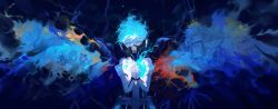 Rule 34 | 1boy, absurdres, blue background, blue fire, blue hair, blue theme, covered mouth, eyelashes, fiery hair, fiery wings, fire, half-closed eyes, hands up, headphones, highres, idia shroud, joints, male focus, mask, mechanical parts, remembering, ortho shroud, own hands together, respirator, robot joints, short hair, solo, tancang531, twisted wonderland, upper body, wavy hair, wings