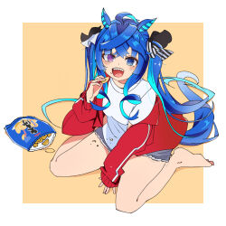 Rule 34 | 1girl, :d, @ @, animal ears, aqua hair, barefoot, black ribbon, blue eyes, blue hair, casual, chips (food), commentary request, cutoffs, eating, food, food on body, food on face, grey shorts, hair ribbon, heterochromia, highres, horse ears, horse girl, horse tail, jacket, long hair, off shoulder, open clothes, open jacket, open mouth, outside border, partial commentary, potato chips, purple eyes, red jacket, ribbon, sharp teeth, shirt, short shorts, short sleeves, shorts, sitting, sleeves past wrists, smile, solo, sousuke yuasa, t-shirt, tail, teeth, track jacket, twin turbo (umamusume), umamusume, very long hair, wariza, white shirt, yellow background
