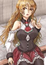 Rule 34 | 1girl, bare shoulders, black pantyhose, blonde hair, bodice, braid, breasts, brown eyes, commentary, detached sleeves, french braid, hair between eyes, highres, kantai collection, large breasts, long hair, miniskirt, open mouth, pantyhose, red skirt, shirt, sitting, skirt, solo, tonke, wavy hair, white shirt, zara (kancolle)