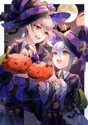 Rule 34 | 1boy, 1girl, alternate costume, animal, bat (animal), black dress, black headwear, blue hair, brown eyes, candy, commentary, commission, corrin (fire emblem), corrin (male) (fire emblem), corrin (male) (halloween) (fire emblem), creyton, dress, english commentary, fang, father and daughter, fire emblem, fire emblem fates, fire emblem heroes, food, grey hair, halloween, halloween costume, hat, highres, holding, holding candy, holding food, holding pumpkin, holding vegetable, kana (female) (fire emblem), kana (fire emblem), looking to the side, moon, nintendo, official alternate costume, pointy ears, pumpkin, red eyes, short hair, smile, teeth, twitter username, upper teeth only, vegetable, wide sleeves, witch hat