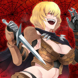 Rule 34 | 1girl, :d, armor, black scarf, blonde hair, breasts, butcha-u, cleavage, clementine (overlord), commentary request, dagger, gauntlets, hair between eyes, highres, knife, knife in head, large breasts, midriff, object through head, open mouth, overlord (maruyama), pauldrons, red background, red eyes, scarf, short hair, shoulder armor, silk, smile, spider web, teeth, upper body, weapon