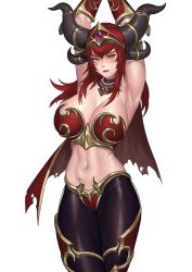 Rule 34 | 1girl, alexstrasza, armlet, armpits, arms up, blush, breasts, cape, headgear, highres, horns, karmiel, large breasts, lip biting, long eyebrows, long hair, looking at viewer, midriff, navel, pantyhose, red hair, red lips, simple background, solo, warcraft, white background, world of warcraft, yellow eyes