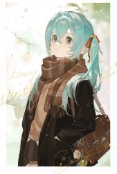 Rule 34 | 1girl, aqua eyes, aqua hair, bag, bell, black coat, border, brown bag, brown sweater vest, coat, crossed bangs, english text, hair between eyes, hair over shoulder, hair ribbon, hand in pocket, hatsune miku, highres, jingle bell, long hair, looking ahead, neonneon321, open clothes, open coat, parted lips, plaid, plaid scarf, pleated skirt, red ribbon, ribbon, scarf, shoulder bag, sidelocks, skirt, snowing, solo, sweater vest, twintails, vocaloid, white border, winter