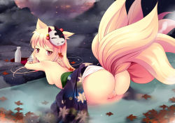 Rule 34 | 1girl, alcohol, animal ears, ass, autumn, back, blonde hair, breasts, choko (cup), cleft of venus, cup, floating, fox ears, fox mask, fox tail, japanese clothes, katori (mocchidou), leaf, long hair, looking at viewer, looking back, mask, mask on head, medium breasts, multiple tails, nipples, onsen, original, partially submerged, partially visible vulva, presenting, purple eyes, ripples, rock, sake, solo, steam, tail, tokkuri, wedgie, wet, wet clothes