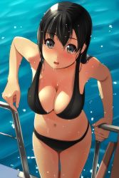 Rule 34 | 1girl, :d, bikini, black bikini, black eyes, black hair, blush, breasts, cleavage, commentary request, fingernails, hair between eyes, highres, holding, large breasts, long hair, looking at viewer, matsunaga kouyou, navel, nose blush, open mouth, original, pool, smile, solo, swimsuit, thighs, water, wet, wet hair