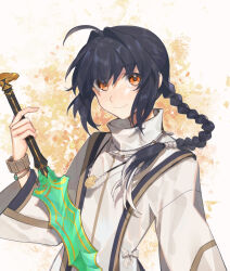 Rule 34 | 1other, ahoge, amulet, androgynous, black hair, bracelet, braid, braided ponytail, citrusarjun, closed mouth, fate/grand order, fate/samurai remnant, fate (series), hair intakes, hair over shoulder, high collar, highres, holding, holding sword, holding weapon, jewelry, long hair, long sleeves, looking at viewer, multicolored hair, necklace, orange eyes, other focus, shirt, simple background, single braid, smile, solo, sword, two-tone background, upper body, weapon, white background, white hair, white shirt, yamato takeru (fate), yellow background