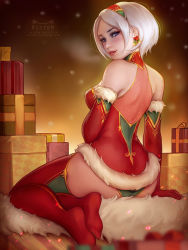 Rule 34 | 1girl, 2b (nier:automata), artistic error, bare shoulders, blue eyes, blurry, blurry foreground, box, breasts, christmas, earrings, elbow gloves, from behind, fur trim, gift, gift box, gloves, halterneck, headband, jewelry, kittew, leotard, lips, looking at viewer, looking back, medium breasts, mole, mole under mouth, nier:automata, nier (series), parted lips, patreon username, short hair, smile, solo, thighhighs, watermark, web address, white hair