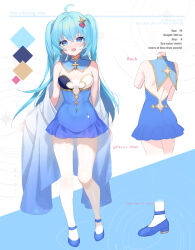 Rule 34 | 1girl, absurdres, ahoge, apple caramel, blue background, blue dress, blue eyes, blue footwear, blue hair, color guide, commission, detached collar, dress, full body, hair ornament, half updo, heart, heart hair ornament, highres, long hair, looking at viewer, multicolored background, open mouth, original, pixiv commission, short dress, sleeveless, sleeveless dress, smile, snow, solo, star (symbol), star hair ornament, twintails, white background