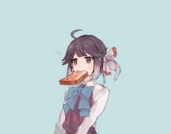Rule 34 | 1girl, ahoge, blue background, bow, bowtie, bread slice, dress, eating, food, food in mouth, grey hair, hair ribbon, hayanami (kancolle), kantai collection, long sleeves, mouth hold, ponytail, purple dress, purple hair, ribbon, school uniform, shirt, short hair, sidelocks, simple background, solo, toast, toast in mouth, upper body, white ribbon, white shirt, yellow eyes, zp hn02