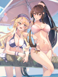 Rule 34 | 2girls, beach umbrella, blonde hair, blue eyes, blush, breasts, brown eyes, brown hair, cherry blossoms, cleavage, flower, hair between eyes, hair ornament, highres, himeyamato, holding, implied yuri, iowa (kancolle), kantai collection, large breasts, long hair, multiple girls, navel, one eye closed, open mouth, ponytail, revision, star-shaped pupils, star (symbol), swimsuit, symbol-shaped pupils, umbrella, very long hair, wading, wet, yamato (kancolle), yamato kai ni (kancolle)