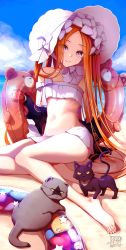 Rule 34 | 1girl, abigail williams (fate), abigail williams (swimsuit foreigner) (fate), abigail williams (swimsuit foreigner) (third ascension) (fate), absurdres, barefoot, beach, bikini, black cat, blonde hair, blue eyes, blue sky, blush, bonnet, bow, braid, braided hair rings, breasts, cat, day, fate/grand order, fate (series), hair bow, hair rings, head tilt, highres, innertube, long hair, looking at viewer, navel, open mouth, outdoors, parted bangs, sidelocks, sky, small breasts, smile, suryua, swim ring, swimsuit, twin braids, twintails, very long hair, white bikini, white bow, white headwear