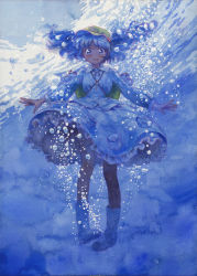 Rule 34 | 1girl, backpack, bag, blue background, blue eyes, blue hair, bubble, colored pencil (medium), female focus, hair bobbles, hair ornament, hat, highres, kawashiro nitori, long sleeves, looking at viewer, matching hair/eyes, misawa hiroshi, outstretched arms, painting (medium), pocket, shirt, skirt, skirt set, solo, touhou, traditional media, twintails, two side up, underwater, watercolor (medium), wide-eyed