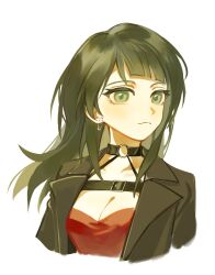 Rule 34 | 1girl, absurdres, bang dream!, bang dream! it&#039;s mygo!!!!!, black jacket, breasts, chest strap, cleavage, closed mouth, commentary, earrings, green eyes, green hair, hashtag-only commentary, highres, jacket, jewelry, long hair, looking at viewer, medium breasts, open clothes, open jacket, red shirt, safety pin piercing, shirt, simple background, solo, upper body, white background, yahata umiri, zhao yifei