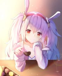 Rule 34 | 1girl, animal ears, azur lane, blurry, blurry foreground, blush, breasts, chocolate, cleavage, collarbone, elbow rest, hair between eyes, hair ornament, hairband, head on hand, head tilt, heart-shaped food, highres, incoming food, jacket, laffey (azur lane), light particles, long hair, long sleeves, looking at viewer, mobu (wddtfy61), offering food, rabbit ears, red eyes, red hairband, sidelocks, silver hair, small breasts, smile, solo, twintails, very long hair