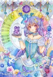 Rule 34 | 1girl, :d, bare shoulders, blue bow, blue dress, blue gemstone, blush, bottle, bow, breasts, bug, butterfly, cleavage, crescent, crescent hair ornament, crystal, dress, flower, frills, gem, hair bow, hair ornament, highres, holding, holding wand, insect, jewelry, long hair, looking at viewer, medium breasts, off shoulder, open mouth, original, painting (medium), perfume bottle, purple eyes, purple gemstone, purple hair, rabbit, red gemstone, ribbon, shioconbu, short sleeves, smile, solo, traditional media, two side up, wand, wrist cuffs