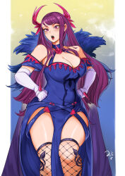Rule 34 | 1girl, absurdres, bare shoulders, blue choker, blue dress, blush, breasts, choker, cleavage, deliciousbrain, dress, elbow gloves, feet out of frame, fire emblem, fire emblem engage, fishnet thighhighs, fishnets, gloves, hands on own hips, highres, ivy (fire emblem), large breasts, long hair, looking at viewer, mole, mole under mouth, nintendo, off-shoulder dress, off shoulder, open mouth, pelvic curtain, purple eyes, purple hair, short sleeves, solo, standing, thighhighs, thighs, very long hair, white gloves