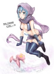 Rule 34 | 1girl, blue hair, blue thighhighs, blush, boots, breasts, cape, character name, cleavage, crop top, english text, erementa, full body, genderswap, genderswap (mtf), gloves, green eyes, highres, hood, league of legends, malzahar, midriff, navel, open clothes, short hair, signature, solo, thighhighs, tongue, voidling