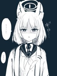 Rule 34 | ..., 1girl, animal ears, blue archive, cat ears, cat teaser, choker, halo, haori, highres, japanese clothes, kikyou (blue archive), looking at viewer, monochrome, neckerchief, parted lips, sailor collar, shaded face, short hair, solo, spoken ellipsis, unot 227, upper body, v-shaped eyebrows
