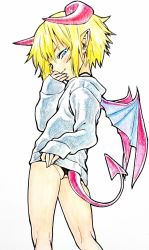 Rule 34 | 1girl, ass, blonde hair, blue eyes, colored pencil (medium), demon girl, demon horns, demon tail, demon wings, ebisujima misato, female focus, from behind, highres, horns, looking back, original, pointy ears, short hair, sleeves past wrists, solo, tail, traditional media, wings