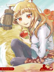 Rule 34 | 1girl, animal ears, anniversary, apple, blush, brown hair, fangs, food, fruit, hay, highres, holding, holding food, holding fruit, holo, long hair, long sleeves, looking at viewer, official art, open mouth, pouch, red eyes, shirt, sitting, smile, solo, spice and wolf, tail, tankard, wolf ears, wolf girl, wolf tail, yoshimoto masume