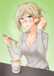 Rule 34 | 1girl, absurdres, alternate costume, anti (untea9), blush, breasts, brown hair, chopsticks, cleavage, collarbone, commentary request, folded ponytail, food, glasses, gradient background, green background, green eyes, grey shirt, highres, holding, holding chopsticks, kantai collection, katori (kancolle), large breasts, long sleeves, looking at viewer, nissin, nissin cup noodle, noodles, open mouth, parted bangs, shirt, short hair, solo