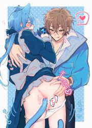 Rule 34 | 2boys, 417 (i7-4i), anal, anal object insertion, anal tail, apron, ass, ass grab, bishounen, blue background, blue eyes, blue gloves, blue hair, blue jacket, blush, border, butt plug, collared shirt, crossdressing, edmond (nu carnival), eiden (nu carnival), fake tail, gem, gloves, hair between eyes, heart, jacket, light blue hair, light brown hair, low ponytail, maid apron, male focus, male penetrated, multiple boys, nu carnival, object insertion, panties, panty pull, polka dot, polka dot background, sex toy, shirt, spoken heart, tail, tongue, tongue out, underwear, white border, white shirt, yaoi