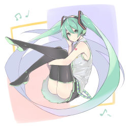Rule 34 | 1girl, beamed quavers, black footwear, black skirt, black thighhighs, boots, breasts, closed mouth, fhang, from side, frown, full body, green eyes, green hair, grey shirt, hatsune miku, headphones, hugging own legs, long hair, matching hair/eyes, musical note, pleated skirt, quaver, shirt, skirt, sleeveless, sleeveless shirt, solo, thigh boots, thighhighs, twintails, very long hair, vocaloid