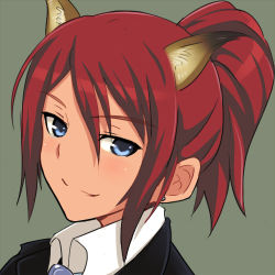 Rule 34 | 1girl, adriana visconti, animal ears, blue eyes, blush, earrings, em (totsuzen no hakike), jewelry, looking at viewer, lowres, noble witches, ponytail, red hair, short hair, short ponytail, smile, solo, strike witches, world witches series