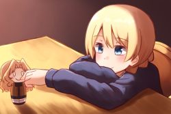 Rule 34 | 10s, arm rest, bad id, bad pixiv id, blonde hair, blue eyes, blue sweater, braid, chair, character doll, closed mouth, commentary request, darjeeling (girls und panzer), girls und panzer, highres, kapatarou, kay (girls und panzer), leaning forward, looking at another, school uniform, short hair, sitting, smile, sweater, table, twin braids
