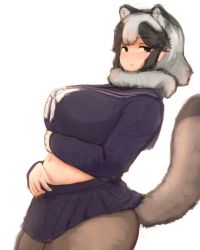 1girl, alternate breast size, animal ears, arm under breasts, bangs, belly, black hair, blue shirt, blue skirt, blush, breasts, collared shirt, dutch angle, eyebrows visible through hair, from side, fur collar, grey hair, grey legwear, half-closed eyes, highres, huge breasts, kemono friends, lifted by self, light smile, long sleeves, looking at viewer, medium hair, microskirt, midriff peek, multicolored hair, navel, no nose, nose blush, pantyhose, parted lips, pleated skirt, plump, raccoon ears, raccoon girl, raccoon tail, sailor collar, shibori kasu, shirt, shirt lift, sidelocks, simple background, sketch, skirt, solo, stomach, tail, tanuki (kemono friends), two-tone hair, white background