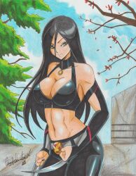 Rule 34 | 1girl, 2022, absurdres, adamantium, artist name, bare shoulders, belt, belt buckle, black choker, black hair, black nails, black pants, bra, breasts, buckle, choker, claws, cleavage, clenched hands, closed mouth, cowboy shot, crop top, day, female focus, gloves, green eyes, hair between eyes, highres, large breasts, long hair, marvel, midriff, nail polish, navel, outdoors, pants, ravernclouk design, sky, sleeves past wrists, solo, traditional media, tree, underwear, v-shaped eyebrows, x-23, x-men